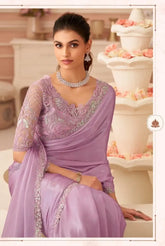 India Silk Purple Sarees With Silver Chiffon Shimmer Combine Rich Silk Texture With A Delicate